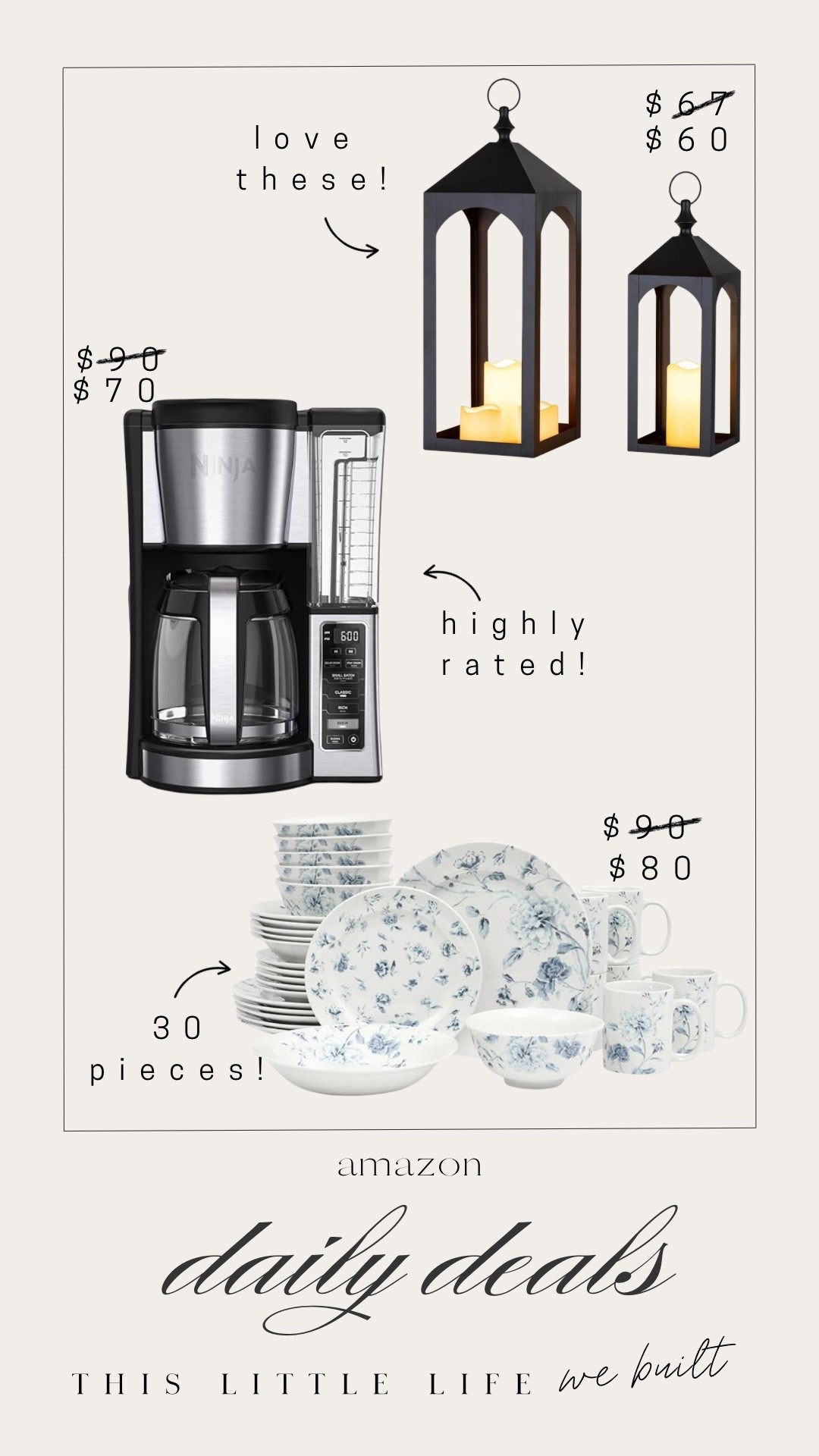 Amazon daily deals! 


Lanterns, ninja coffee maker, dish ware

#LTKHome #LTKU #LTKSaleAlert