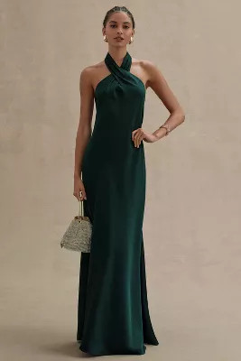 BHLDN Ruby Twist Halter Satin Gown | Anthropologie (US)