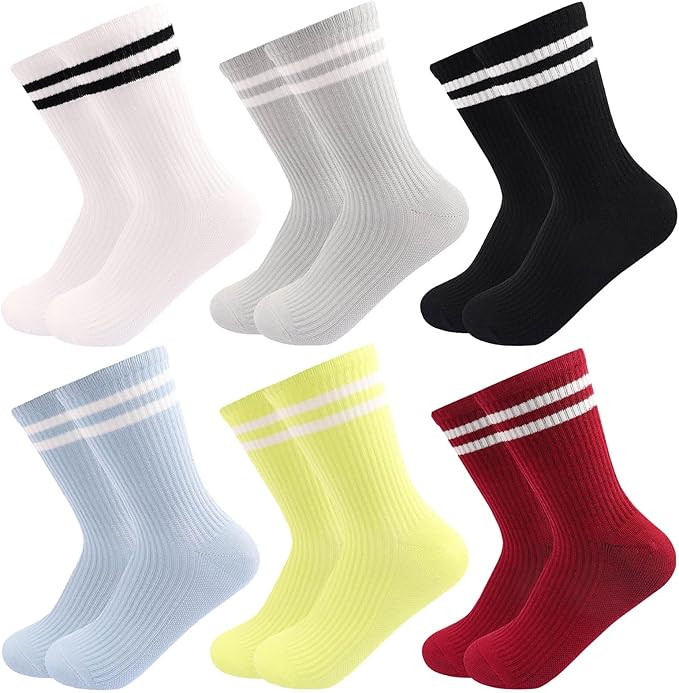 6 Pairs Solid Color Retro Stripe Crew Socks Casual Striped Socks for Women Girls | Amazon (US)