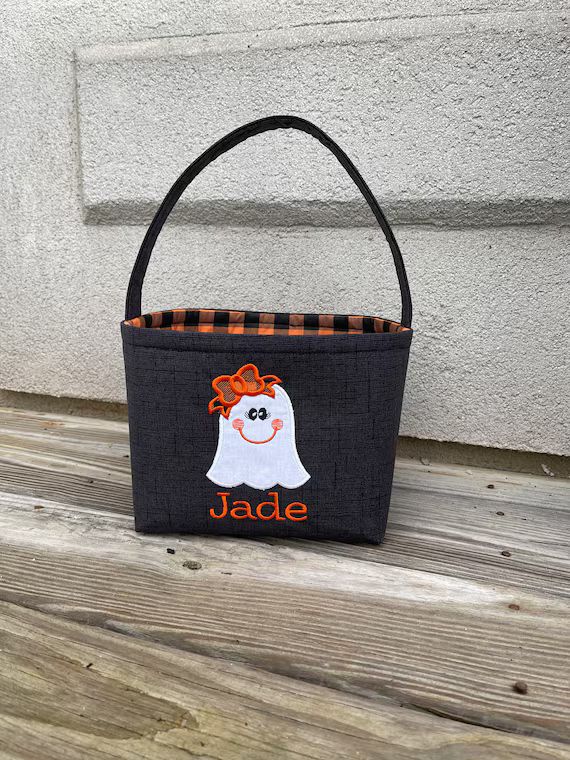 Personalized Halloween Basket Appliqued Ghost Buffalo Check - Etsy | Etsy (US)