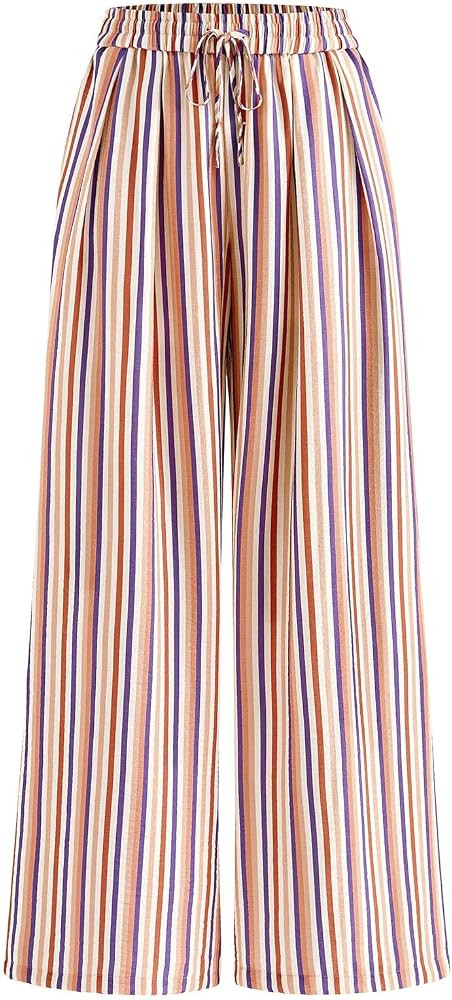 PRETTYGARDEN Womens Pants Elastic Waist Striped Lightweight Palazzo Pant | Amazon (US)