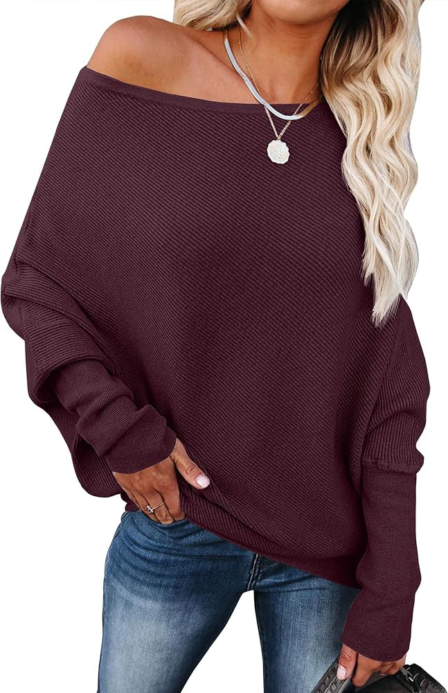 ANRABESS Womens Off Shoulder Sweaters 2025 Fall Long Batwing Sleeve Loose Fit Knit Tops Casual Pu... | Amazon (US)