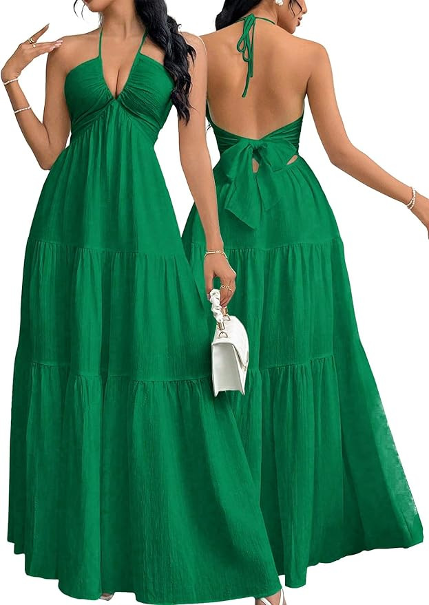 Narecte Women's Maxi Summer Dresses Halter V Neck Beach Dresses for Women A-Line Casual Dress for... | Amazon (US)