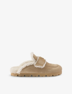 Lugged-sole triangle-plaque suede and shearling slippers | Selfridges