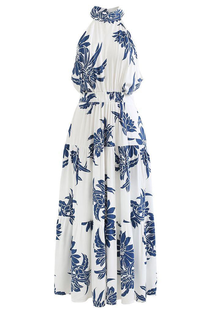 Indigo Floral Cutout Back Halter Neck Dress | Chicwish