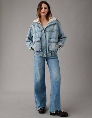 AE Oversized Denim Bomber Sherpa Jacket | American Eagle Outfitters (US & CA)