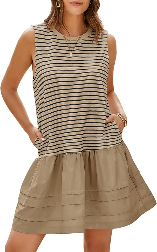 Wenrine Womens Summer Tank Mini Dress Casual Striped Sleeveless Crewneck Constrast Patchwork Loos... | Amazon (US)