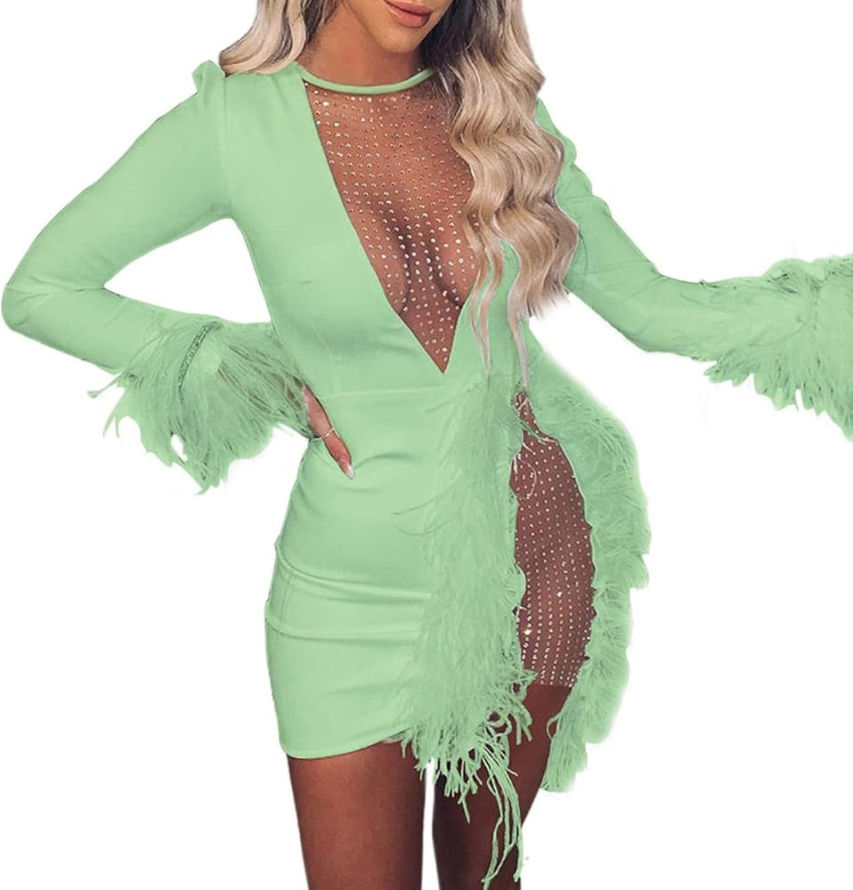 Nhicdns Women Sexy Club Dress Long Sleeve Deep V Neck Party Mini Dresses Feather Sequin Bodysuit | Amazon (US)