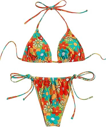 SOLY HUX Women's Floral Print Bikini Sets Halter Tie Side Triangle Sexy Swimsuits | Amazon (US)