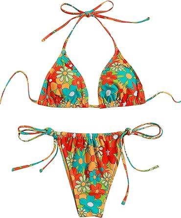 SOLY HUX Women's Floral Print Bikini Sets Halter Tie Side Triangle Sexy Swimsuits | Amazon (US)