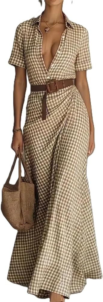 Women's Gingham Maxi Shirt Dress Checkered Wrap Belted Flowy Long Dress Elegant Collared Casual S... | Amazon (US)