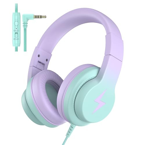 Candy Bila Kids Headphones, Wired Headphones for Kids Over Ear with Microphone, 85/94dB Volume Limiter Headphone for Girls Boys, Foldable Headphone for Learning & Entertainment,Gradient Purple | Amazon (US)