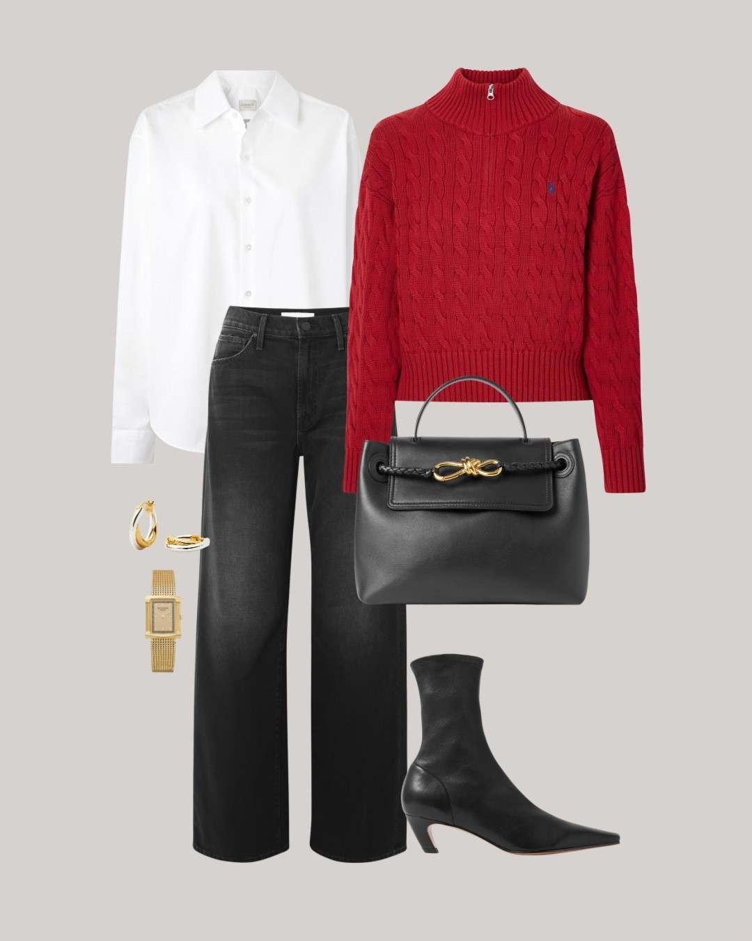 White shirt layered under a red polo sweater. Bottega Veneta on the arm. Khaite ankle boots to finish ❤️

#LTKootd