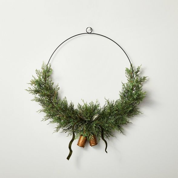 28" Asymmetrical Faux Cedar Wire Wreath with Bells - Hearth & Hand™ with Magnolia | Target