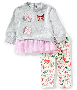 Baby Girls Long-Sleeve Bow-Appliqued Hacci Sweatshirt & Printed Leggings Set | Dillard's