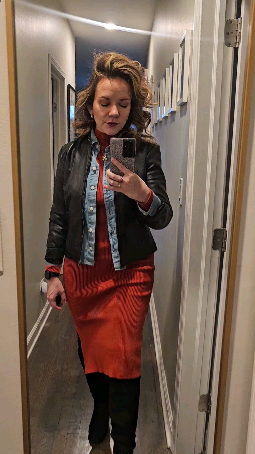 Let's make an outfit with what we already own. The category is Layer Up. Paired a fall bodycon sweater dress (available on Amazon) with a cropped chambray shirt and leather moto jacket. All size M! 

#LTKStyleTip