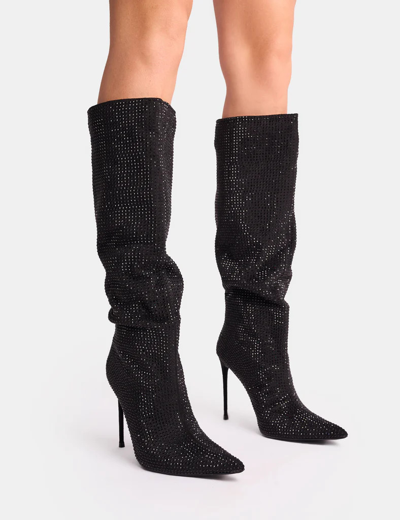 Lothario Black Diamante Knee High Boots | Public Desire