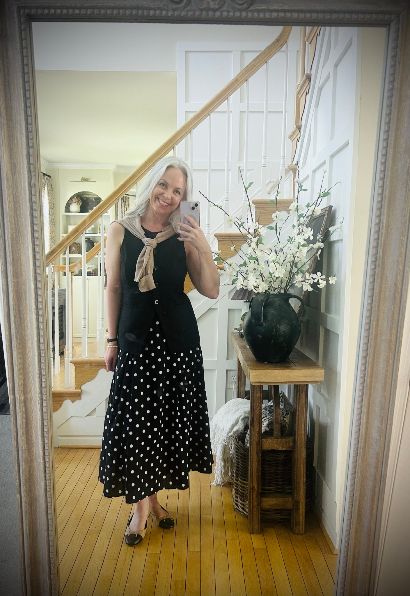Classic spring outfit 🖤🤍polkadot, quiet luxury, affordable fashion, Ralph Lauren, midi skirt, Target finds, Italian Leather, ballet flats, Chanel dupe, cardigan set, J.Crew, Quince
5’ 6” wearing small in skirt, tts 
Sized up to medium in cardigan 
Sized up to 8 in flats as they don’t have my usual 7.5 
Linked similar vest in linen and Chanel flats if you want the brand name 
#ltkspring #ltkstyletip
@Target 
@Quince 
@jcrew 

#LTKOver40