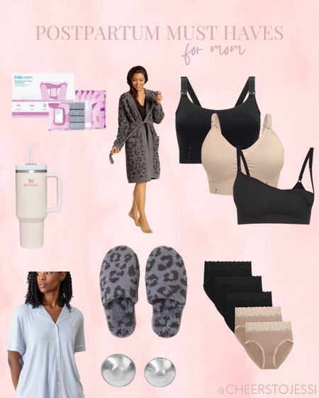 Postpartum must haves for mom.
My favorite nursing/pumping bras I’ve found so far! Skims honestly is the easiest for breastfeeding on demand. I like the Kindred Bravely nursing/pumping bra for pumping. 
The Frida mom kit was a game changer-the disposable briefs are so much better than what the hospital provides. Get the peri bottle also, it only comes in the full kit, but not with the postpartum recovery kit in the graphic. I got an extra pack of briefs and ice packs also. 
Postpartum panties from Kindred Bravely, I ordered medium and I am usually small. They fit great  
Silverettes for healing with breastfeeding (so much better than Lanolin ointment and they don’t ruin your clothes). 
Comfy PJs from Cozy Earth were great at the hospital and since being home along with Barefoot Dreams robe and slippers. 
Always have to have my Stanley, I stay thirsty with breastfeeding!

#LTKbump #LTKbaby