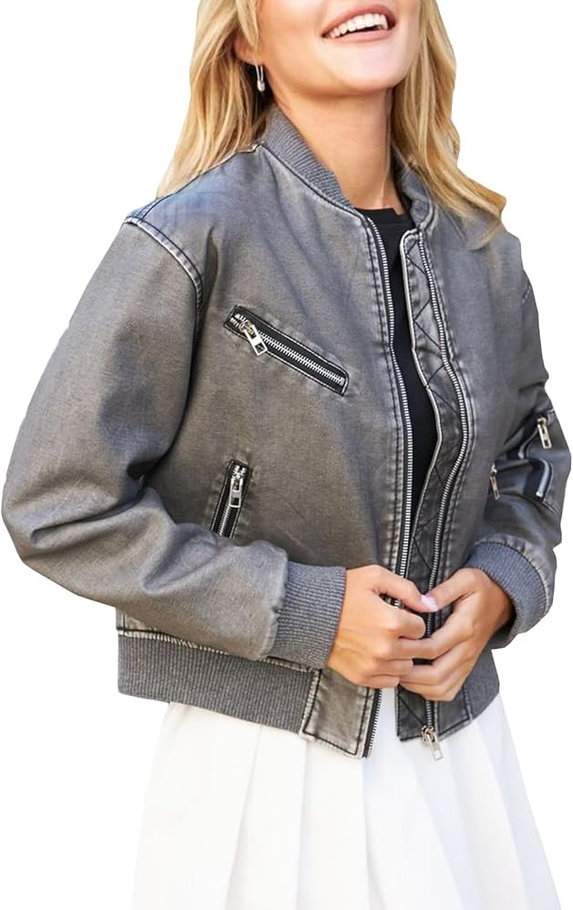 LY VAREY LIN Womens Faux Leather Varsity Jacket Biker Baseball Streetwear Casual Coat | Amazon (US)
