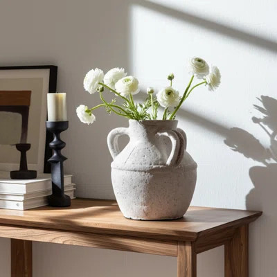 Decorative Pottery Terracotta Vase with Rustic Textured Design and Double Handles, Stylish Contem... | Wayfair North America