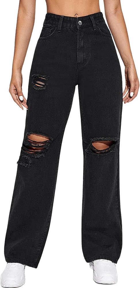 SweatyRocks Women's High Waist Slant Pocket Denim Jeans Ripped Straight Leg Pants | Amazon (US)