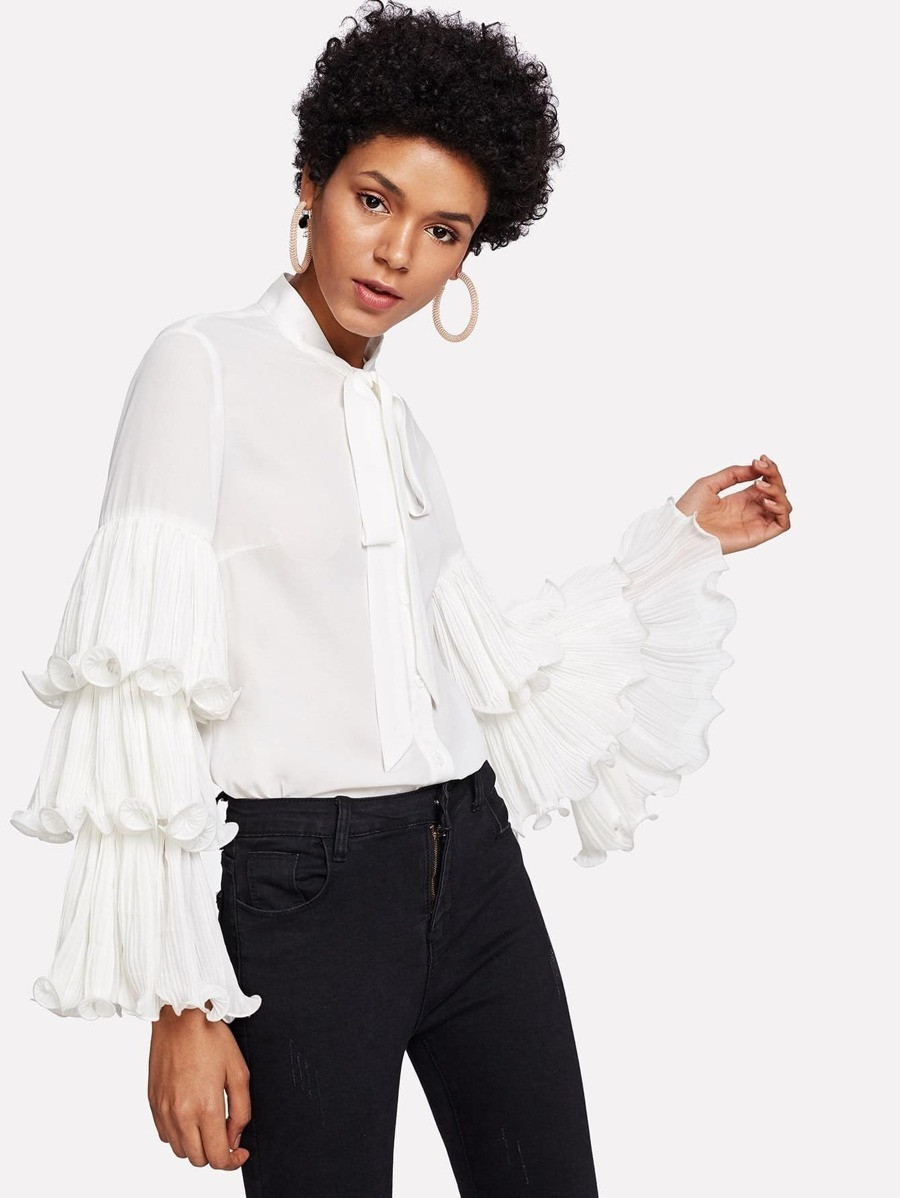 Exaggerated Layered Sleeve Tied Neck Blouse | SHEIN