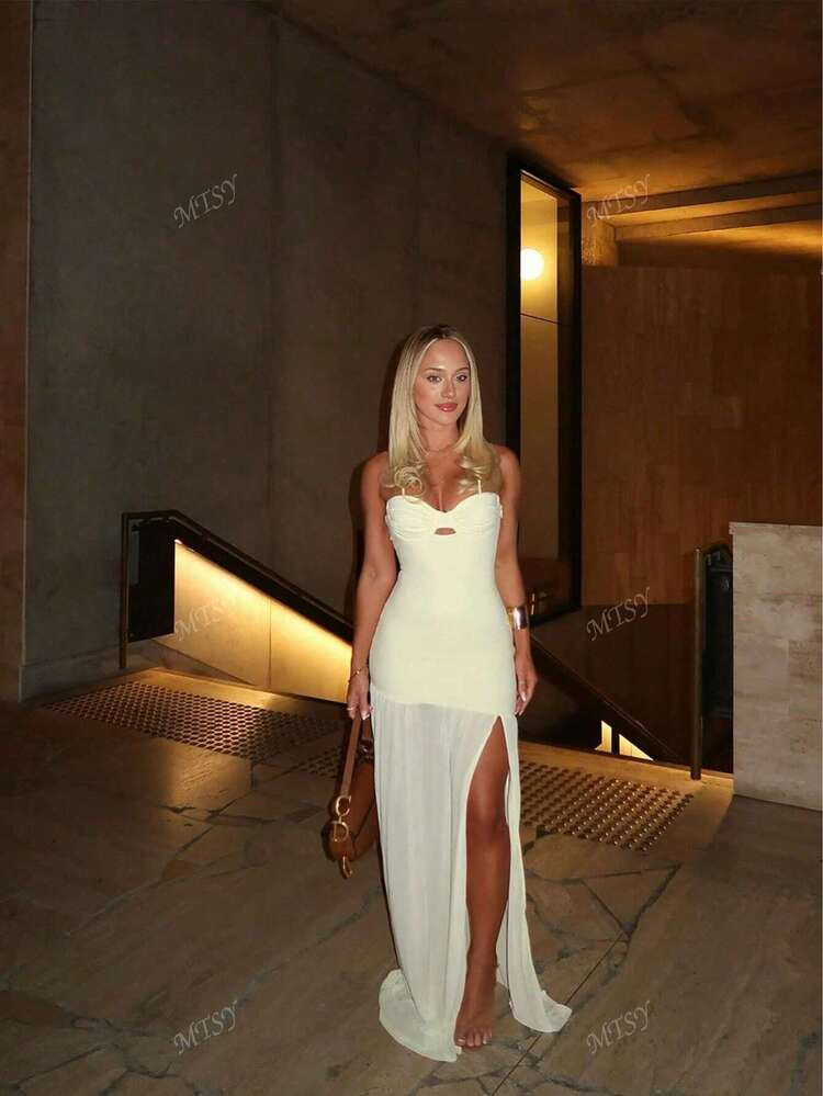 Damen Solides Gerüschtes Zweilagiges, Dickeres Strick-Chiffon-Patchwork Kleid Mit Hohem Schlitz, Sexy, Lässig, Elegant, Für Hochzeit, Party, Urlaub, Frühling Sommer | SHEIN