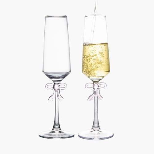 ASmirror Champagne Glasses 2-Piece Set, Exquisite Elegant Pink Bow Champagne Glasses, Modern Elegance, Suitable for Women, Men, Wedding, Christmas, Birthday, Premium Crystal | Amazon (US)
