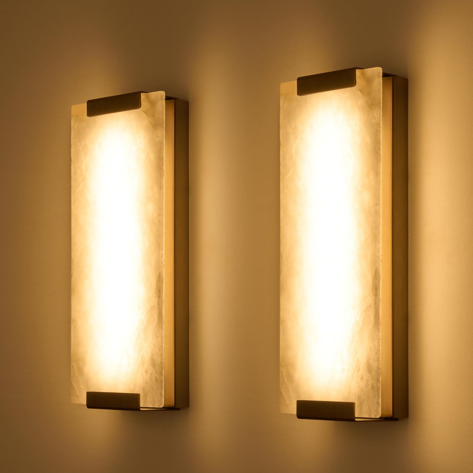14.2in Alabaster Wall Sconces, Large Natural Marble Wall Sconces Set of Two, LED Modern Wall Lamp for Bedroom, Stairs, Living Room, Vanity, Bedside, Hallway （Brushed Bronze 12W） | Amazon (US)