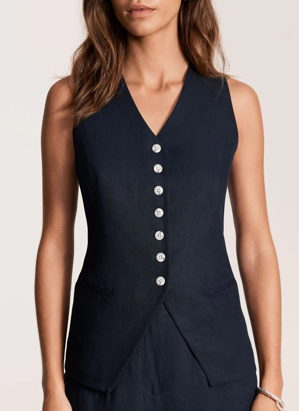 Navy Longline Linen Blend Waistcoat | Mint Velvet