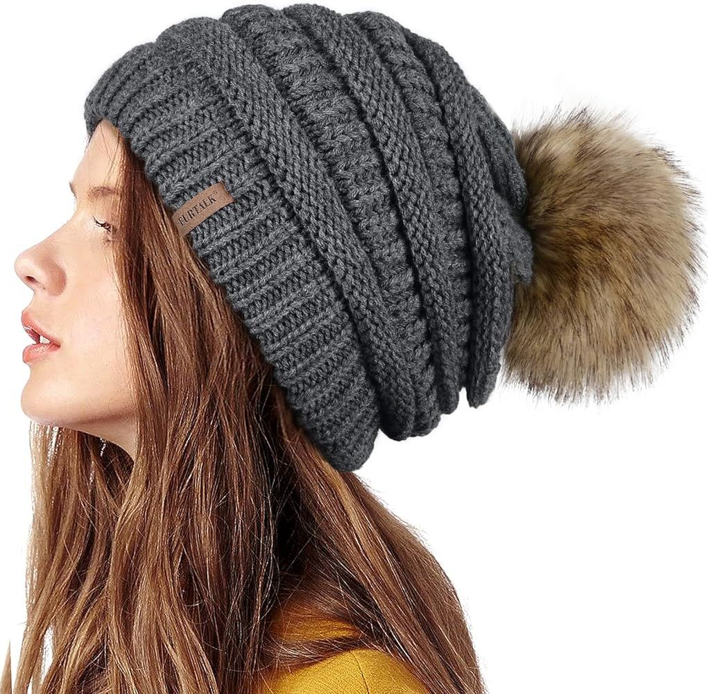 FURTALK Womens Winter Knit Slouchy Beanie Hat Warm Skull Ski Cap Faux Fur Pom Pom Hats for Women | Amazon (US)