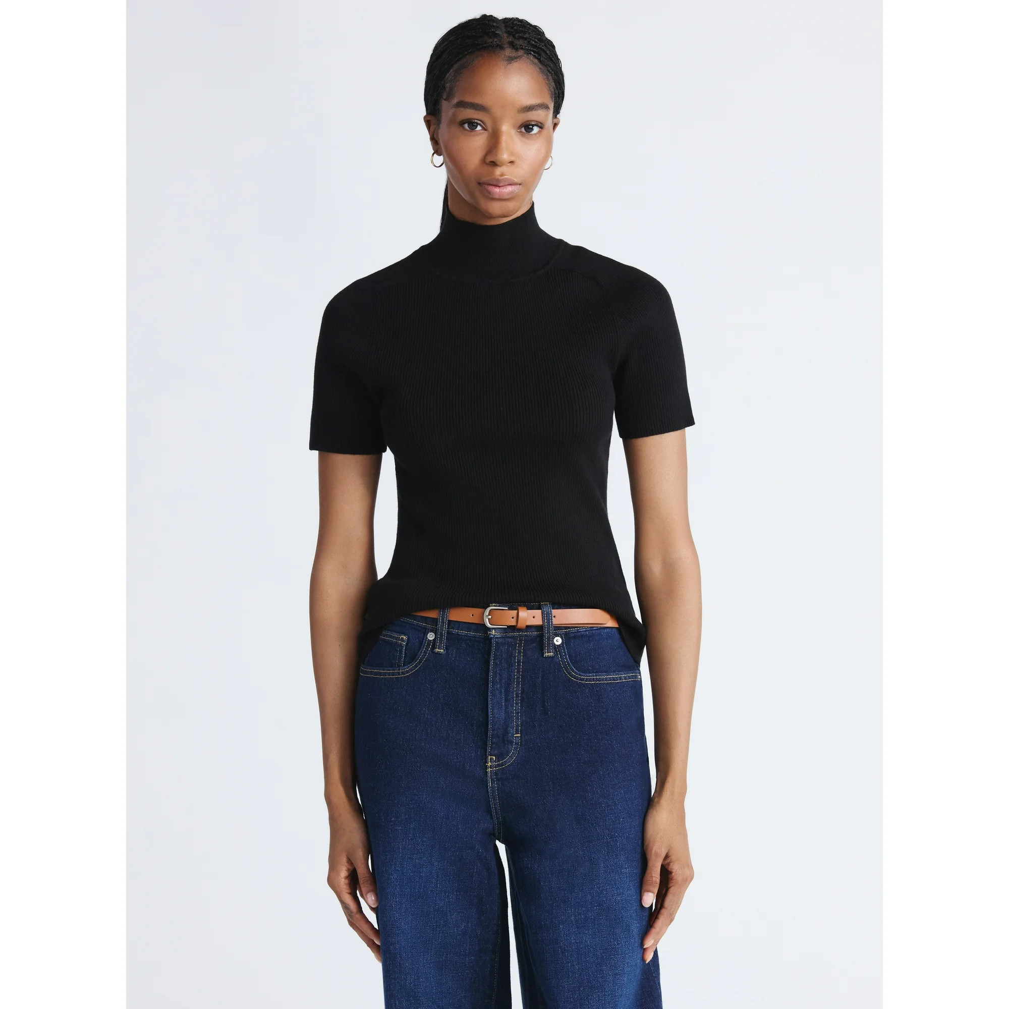 Free Assembly Women's Cozy Yarn Mock Neck Sweater with Short Sleeves, Lightweight, Sizes XS-XXL | Walmart (US)