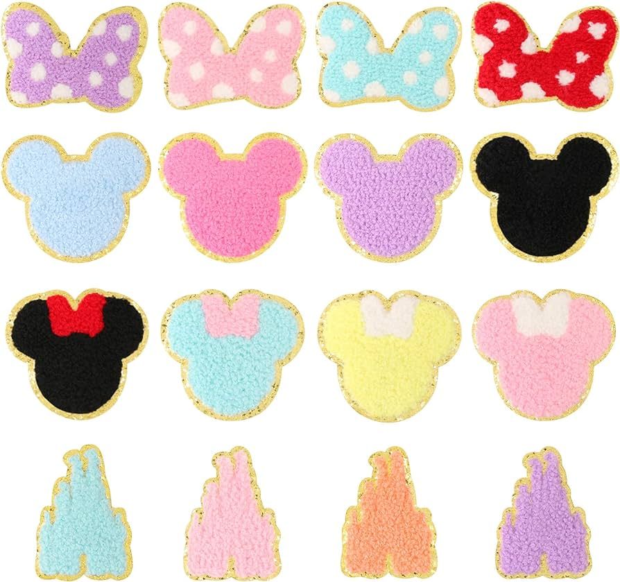 16 PCS Chenille Mouse Head Iron on Patches, CCOZN Colorful Chenille Mouse Castle Bowknot Embroide... | Amazon (US)