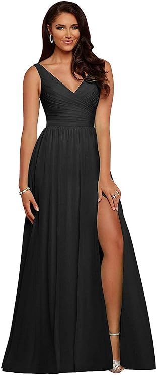 yinyyinhs Slit Bridesmaid Dresses Long V Neck Chiffon Pleated Evening Prom Dress | Amazon (US)
