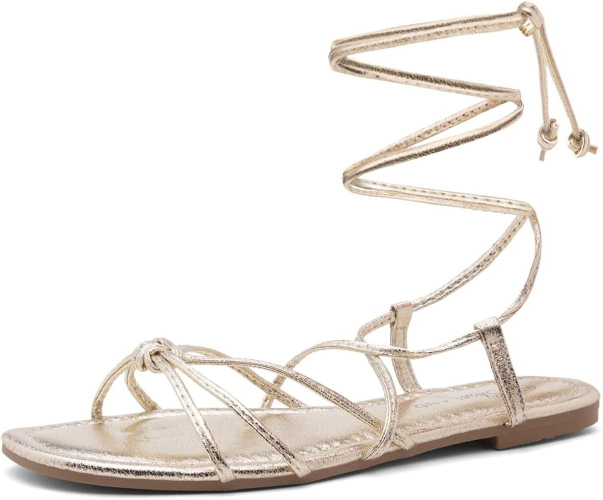 Shoe Land Womens Flashh Lace Up Flat Sandals Square Open Toe Strappy Crisscross Summer Slides | Amazon (US)