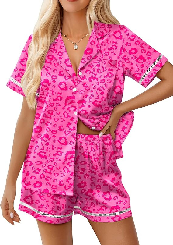 Ekouaer Womens Silk Pajama Sets Button Up Satin Pjs Short Sleeve 2 Piece Pj Sets Cute Lounge Sets... | Amazon (US)