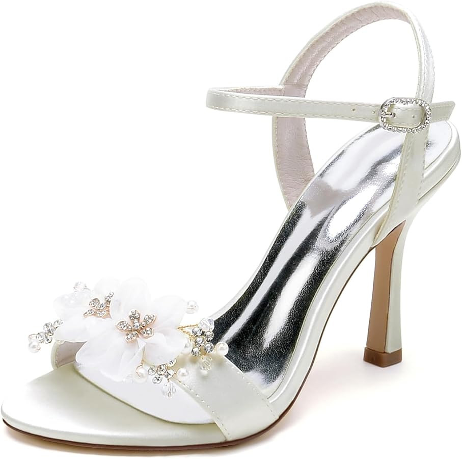 Women's White Wedding Shoes Satin High Heel Applique Pumps Heels Sandals with Ankle Strap | Amazon (US)