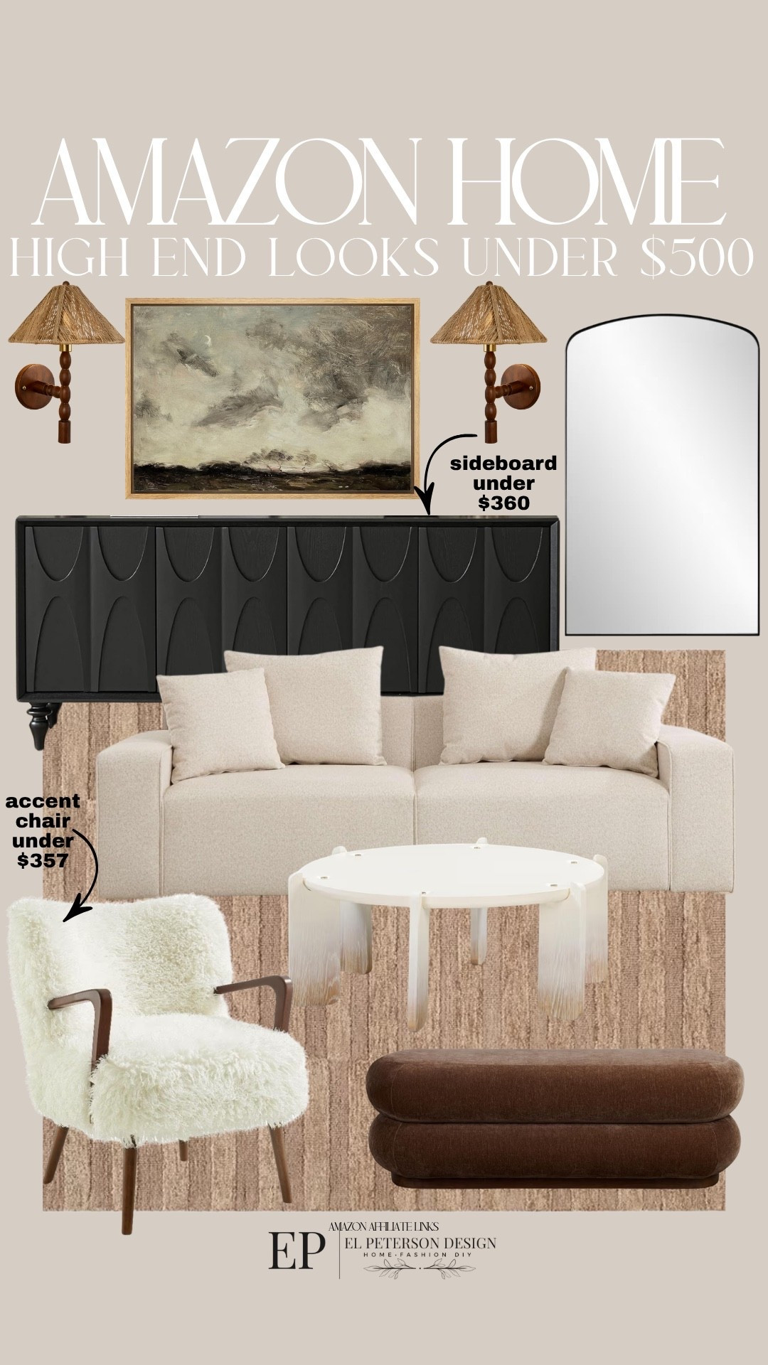 Amazon
Artwork
Sideboard
Loveseat
Coffee table 
Area rug 
Accent Chair 
Wall sconce
Mirror

#LTKHome