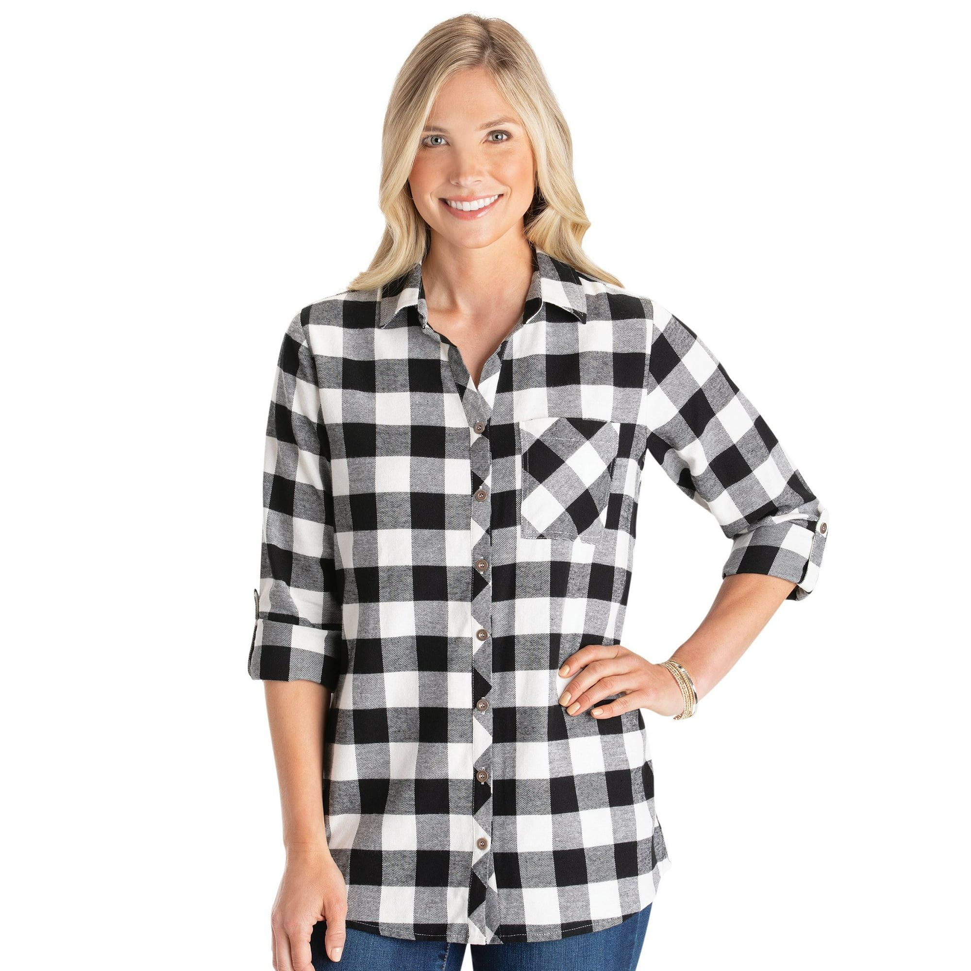 Collections Etc Buffalo Check Roll-Tab Sleeves Button-Down Flannel | Walmart (US)
