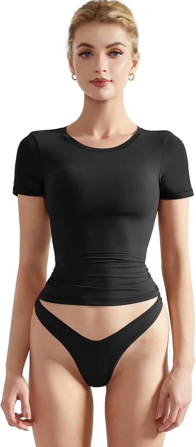 SUUKSESS Women Double Lined Fitted Basic Tee Crew Neck Short Sleeve Y2K Crop Top | Amazon (US)