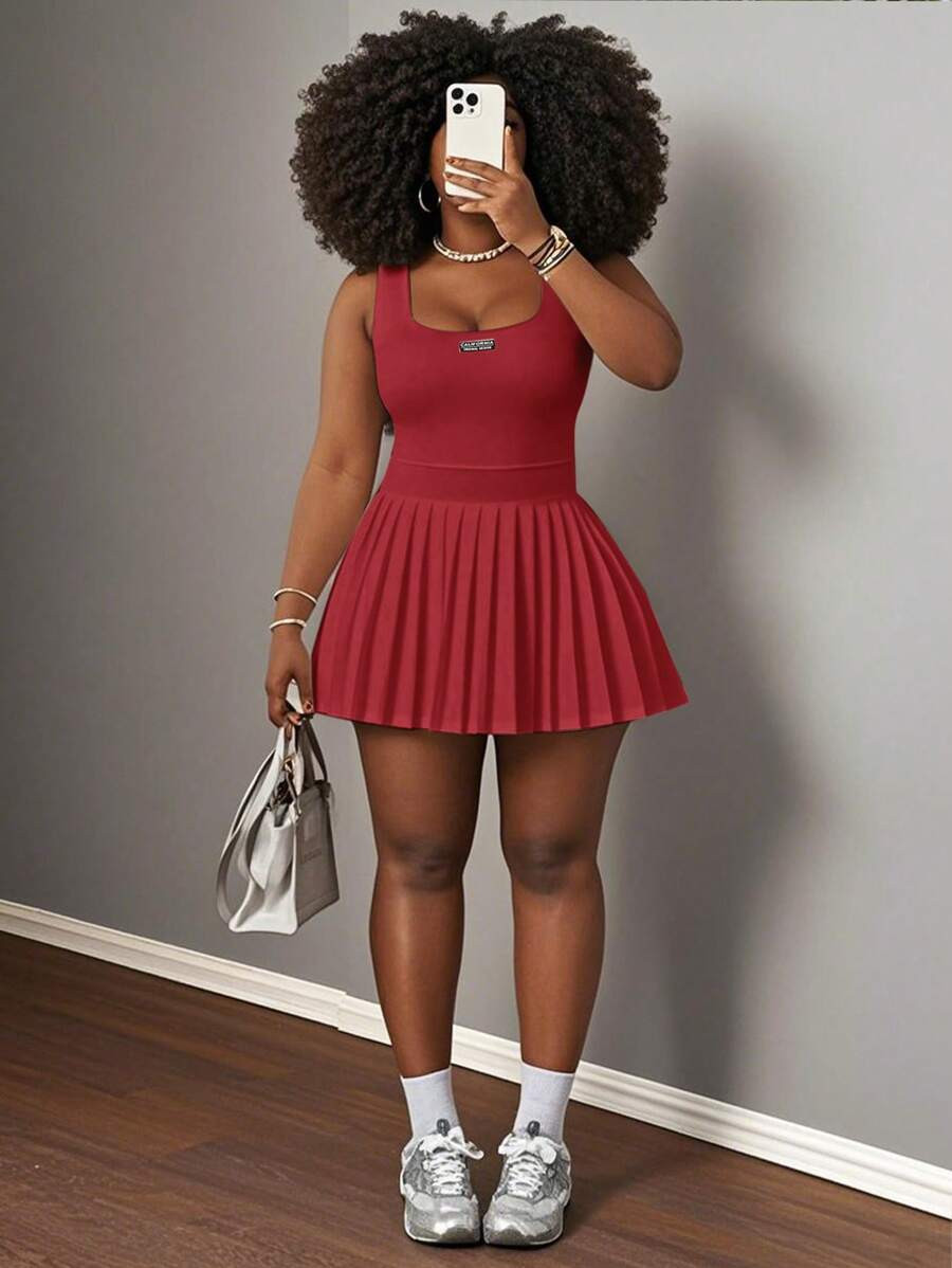 Slaydiva Red Sommar Casual Hiking Women's New Spring & Summer Basic U-Neck Racer Vest,Pleated Min... | SHEIN