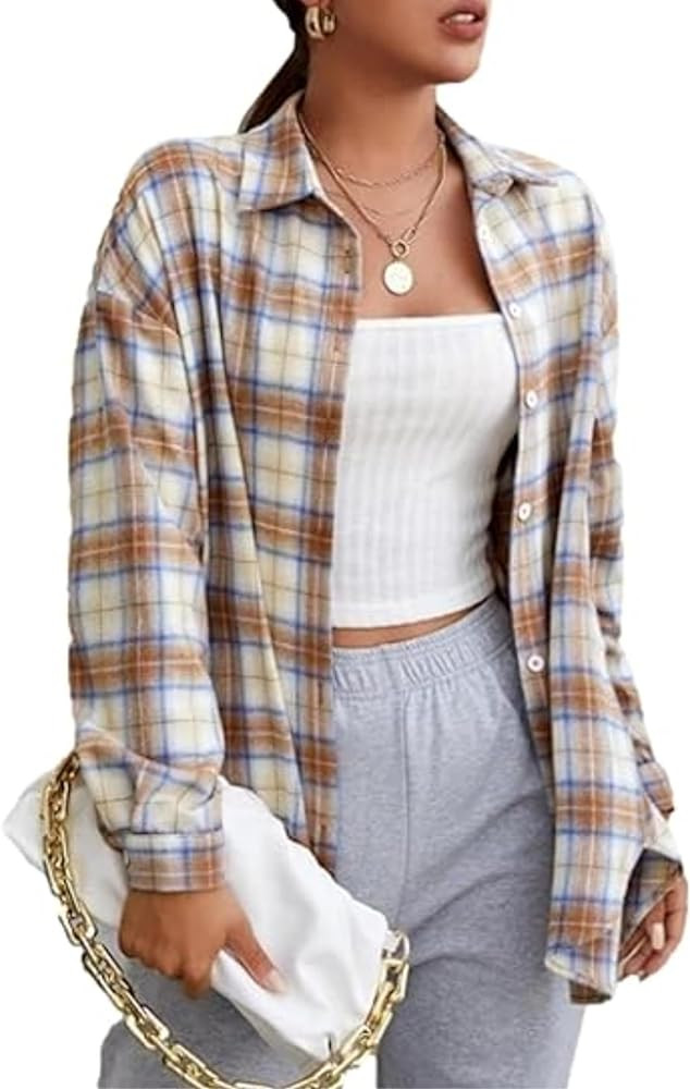 Zontroldy Plaid Flannel Shirts for Women Oversized Long Sleeve Button Down Buffalo Plaid Shirt Bl... | Amazon (US)