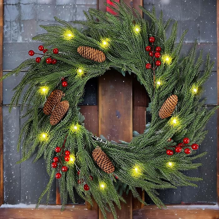 Yunlly 20 Inch Christmas Wreaths for Front Door with Light Xmas Pine Wreath with Pine Cones Berri... | Amazon (US)