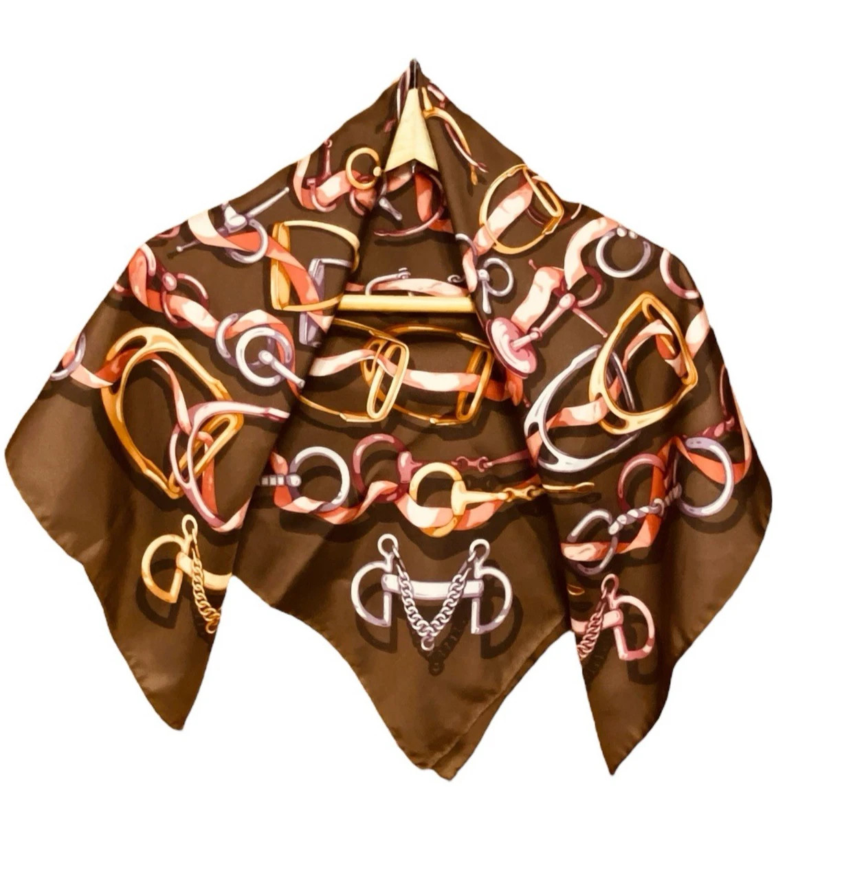 Auth GUCCI Silk Scarf Brown Pink Ribbon and Horse Bit Design 34in x 34in USED | eBay US