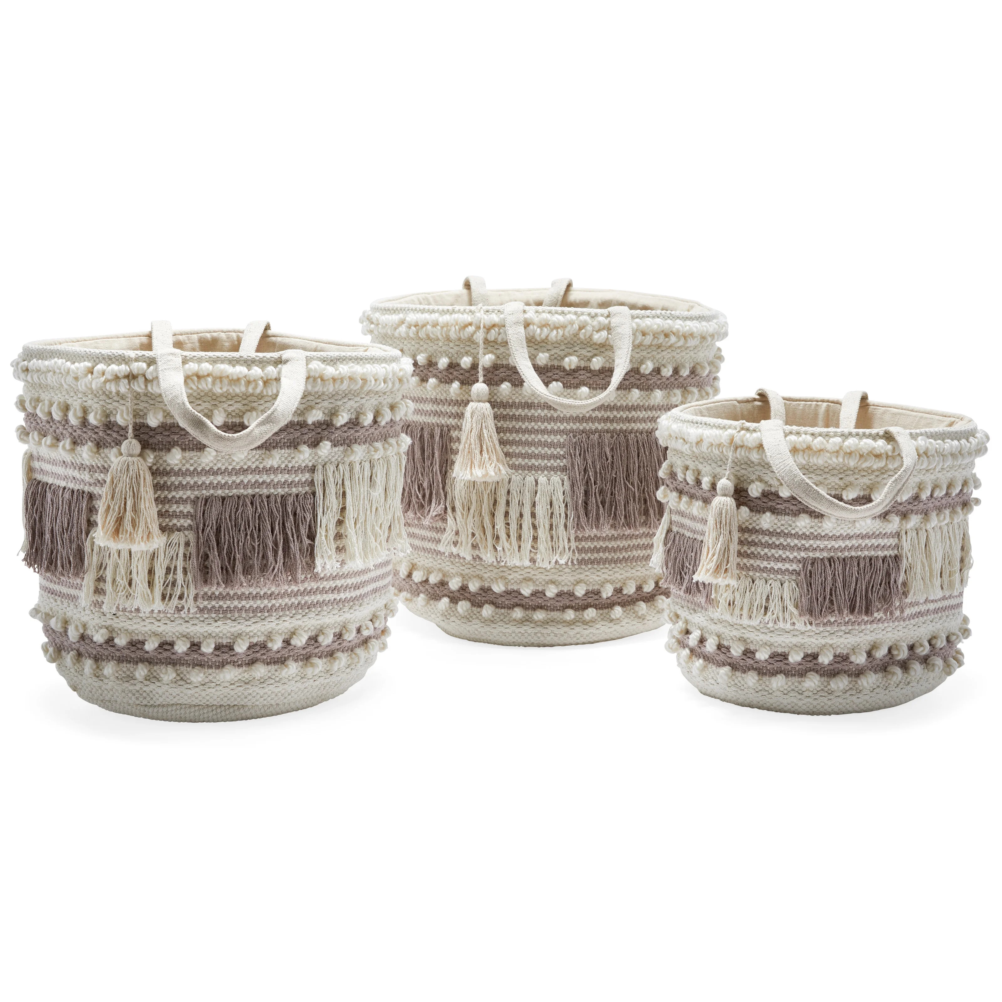 Hand Woven Macrame 3 Piece Basket Set, Natural and Charcoal by Drew Barrymore Flower Home | Walmart (US)