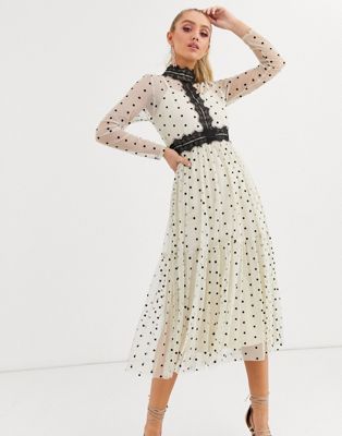 Lace & Beads long sleeve polka dot midi dress with lace inserts in cream and black | ASOS (Global)