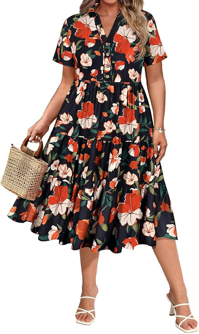 CARCOS Plus Size Dresses for Curvy Women Collared Vneck Short Sleeve Dresses Midi Summer Ruffle D... | Amazon (US)