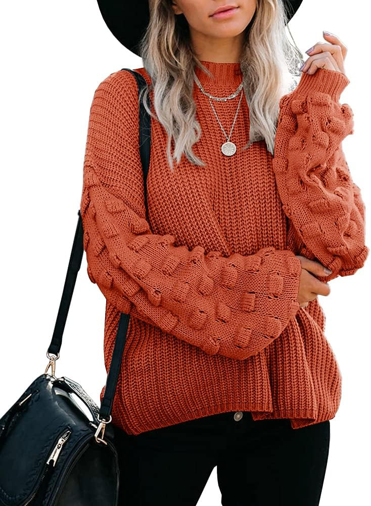 FERBIA Women Oversized Pullover Pom Pom Sweater Long Balloon Sleeve Crew Neck Slouchy Knit Cute B... | Amazon (US)