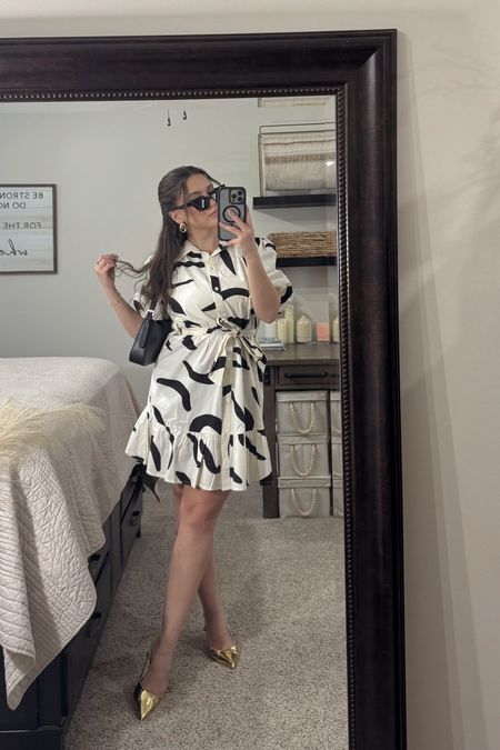 Gold heels / 7.5
These sunnies are a staple! 
Dress is T.J. Maxx / M